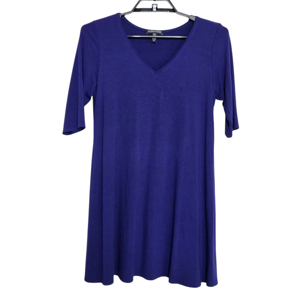 Eileen Fisher Short Sleeve Tunic Shirt Size Small Blue Viscose V-Neck Swing